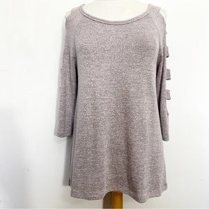 LIA LEE round neck sweatery knit strappy open sleeve longer length top L